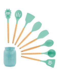MegaChef Mint Green Silicone and Wood Cooking Utensils, Set of 9